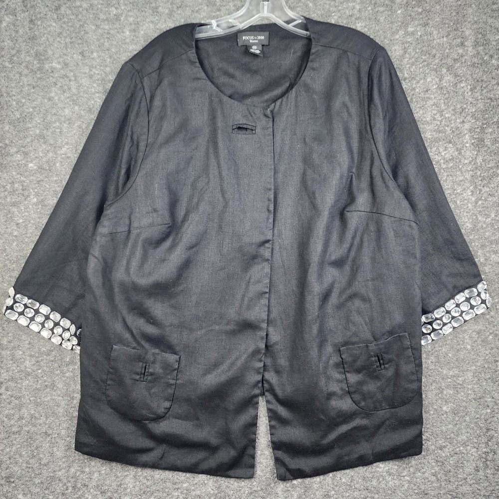 Focus 2000 Jacket Women 18W Black 100% Linen Rhinestone Cuff Collarless Evening